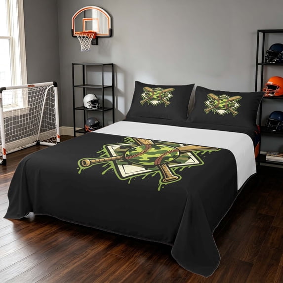 Manfei Cute Baseball Queen Sheets, Sport Camo Queen Sheet Sets, CamoGreen Black 4 Pieces(1 Flat Sheet, 1 Fitted Sheet and 2 Pillowcases)