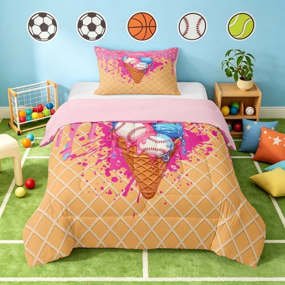 Manfei Cute Baseball Twin Comforter Sets, Sport Bedding Set, Hot Pink Blue Tan, Pink Reversible 2pcs 1 Comforter and 1 Pillowcase