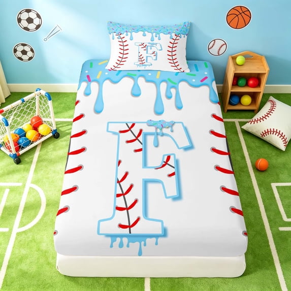 Manfei Cute Baseball Twin Fitted Sheet, Cartoon Letter FBedding, Light Blue F 2-Piece, 1 Fitted Sheet and 1 Pillowcase