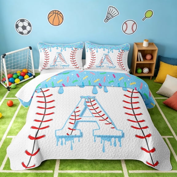 Manfei Cute Baseball Twin Quilt Set, Cartoon Personalized Initial ATwin Coverlet Set, Light Blue A, Polka Dots Reversible 2pcs, 1 Bedspread and 1 Pillowcase
