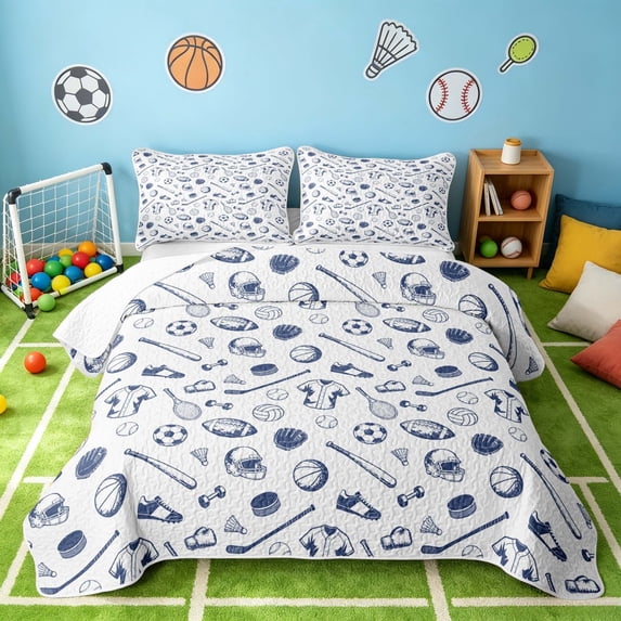 Manfei Cute Baseball Twin Quilt Set, Sport Twin Coverlet Set, White Navy, Reversible 2-Piece, 1 Bedspread and 1 Pillowcase