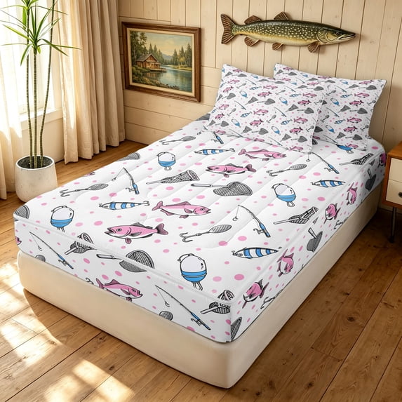 Manfei Cute Bass Fish Zipper Twin Comforter Sets with Fitted Sheet and 2 Pillowcases, Cartoon Polka Dots Zipper Bedding Set, Pink, Reversible, 4pcs