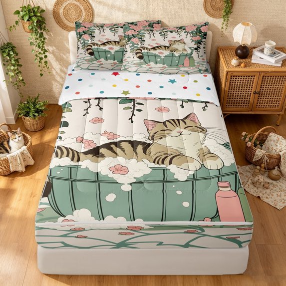 Manfei Cute Bath Cat Zipper Queen Comforter Set with Fitted Sheet and 2 Pillowcases, Retro Cherry Blossom Zipper Bedding Set, Green Pink, Polkadot Reversible, 4-Piece