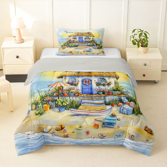 Manfei Cute Beach House Twin Comforter Sets,Yellow Sky Bedding Set,Light Gray Reversible,2 Pieces,1 Comforter and 1 Pillowcase