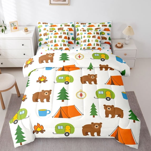 Manfei Cute Bear 7-Piece King Bedding,Cartoon Camper Print King Bed in a Bag,Brown,Polkadot Reversible