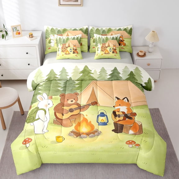 Manfei Cute Bear 7-Piece Twin Bedding,Camping Animal Print Bedding Comforter Set,Green,Light Gray Reversible