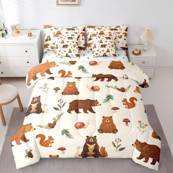 Manfei Cute Bear 7-Piece Twin Bedding,Lovely Squirrel Bedding Comforter Set,Beige,Polkadot Reversible