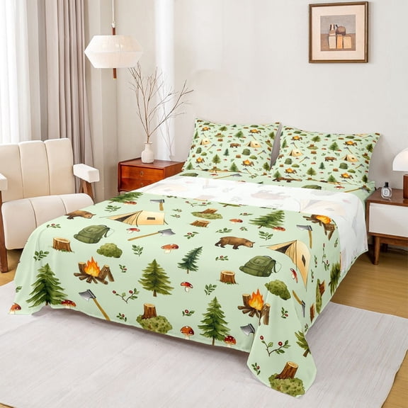 Manfei Cute Bear Bed Sheets,Kawaii Tent Print Full Size Sheets,Green,4-Piece,1 Flat Sheet, 1 Fitted Sheet and 2 Pillowcases
