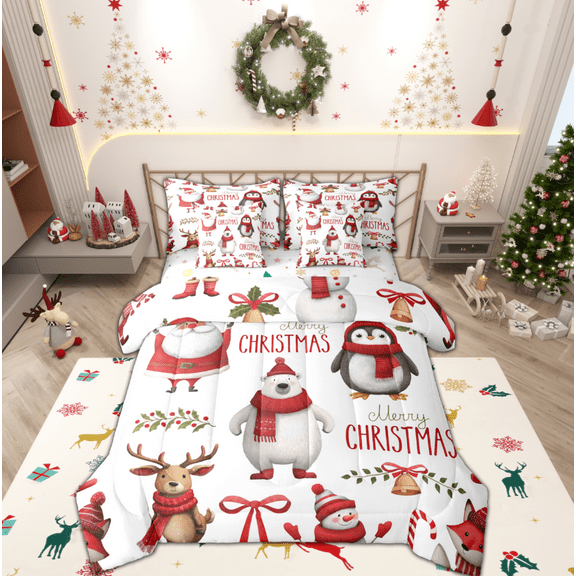 Manfei Cute Bear Deer 7-Piece Bedding Comforter Set,Merry Christmas King Bedding Sets,Cartoon Xmas Snowman Penguin Bed Sheets For Girls Boys,Luxury Bedroom Decor Reversible