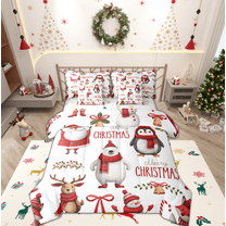 Manfei Cute Bear Deer 7-Piece Twin Bedding Sets,Merry Christmas Bedding Comforter Set,Cartoon Xmas Snowman Penguin Sheet Sets For Girls Boys,Luxury Bedroom Decor Reversible