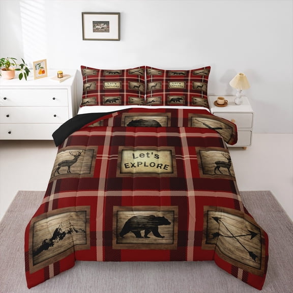 Manfei Cute Bear Deer Queen Comforter Set,Woodland Animal Bedding Sets,Old Barn Door Bedding Comforter Set For Kids,Luxury Bedroom Decor Reversible,3pcs