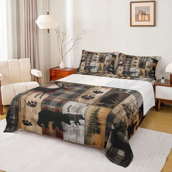 Manfei Cute Bear Deer Twin Sheet Sets,Western Country Lodge Twin Fitted Sheet,Old Wooden Board Flat Sheet For Men Women, Breathable Home Decor,3 Pieces
