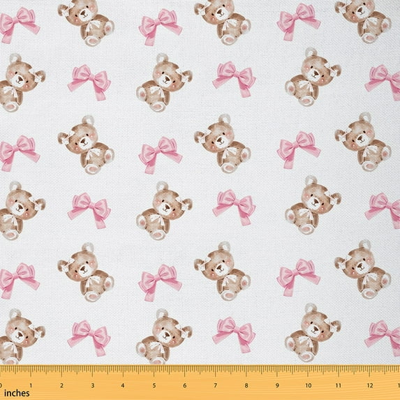Manfei Cute Bear Fabric by the Yard (3 Yards) for Kids Girls, Pink Bowknot Bow Decorative Fabric by the Yard, Cartoon Ribbon Animal DIY Fabric