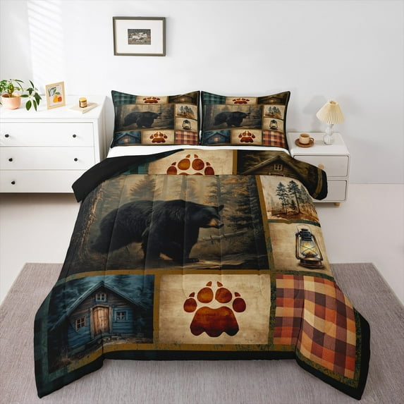 Manfei Cute Bear Full Size Comforter Sets,Jungle Amimal Bedding Comforter Set,Rustic Farmhouse Cabin Bedding Sets For Boy Kids,Luxury Bedroom Decor Reversible,3pcs