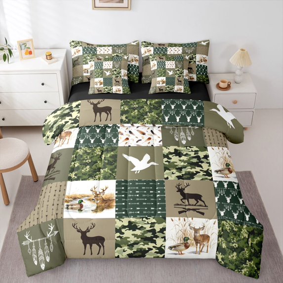 Manfei Cute Bear Patch 7-Piece Twin Bedding,Abstract Geometric Plaid Bedding Comforter Set,Green,Black Reversible