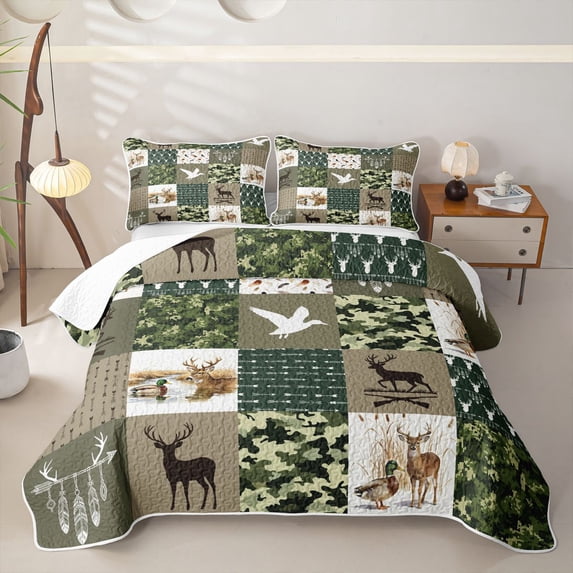 Manfei Cute Bear Patch Twin Quilt Set,Abstract Geometric Plaid Twin Coverlet Set,Green,2pcs
