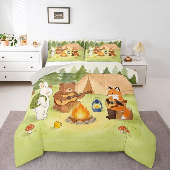 Manfei Cute Bear Queen Comforter Set,Camping Animal Print Comforter Sets Queen,Green,Light Gray Reversible,3 Pieces,1 Comforter and 2 Pillowcases