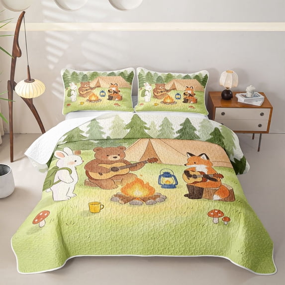 Manfei Cute Bear Twin Quilt Set,Camping Animal Print Twin Coverlet Set,Green,2-Piece