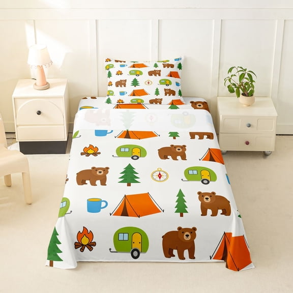 Manfei Cute Bear Twin Sheets,Cartoon Camper Print Bedding,Brown,3pcs,1 Fitted Sheet and 1 Pillowcase