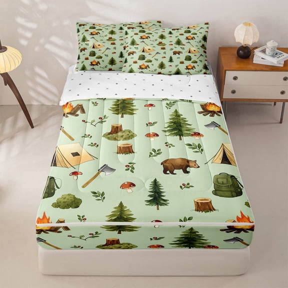 Manfei Cute Bear Zipper Twin Comforter Sets with Fitted Sheet and 2 Pillowcases,Kawaii Tent Print Zipper Bedding Set,Green,Reversible,4pcs