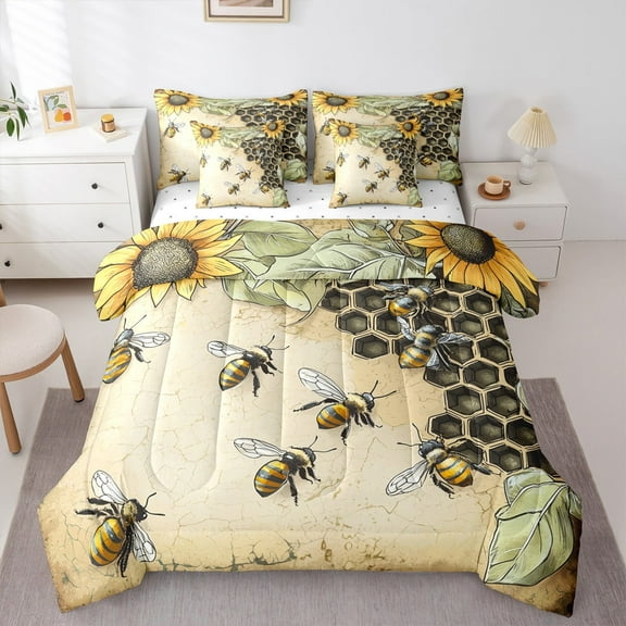 Manfei Cute Bee 7pcs Bedding Comforter Set,Honeycomb Honey Queen Bedding Sets,Rustic Flower Sunflower Queen Sheet Sets For Girls Boys,Super Cozy Room Decor Reversible