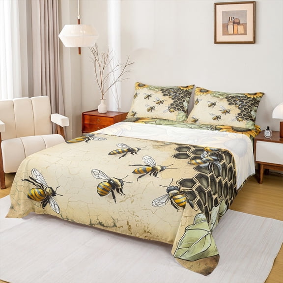 Manfei Cute Bee Bed Sheets,Honeycomb Honey King Sheets,Rustic Flower Sunflower Sheet Set For Girls Boys,Super Cozy Room Decor,4 Pieces
