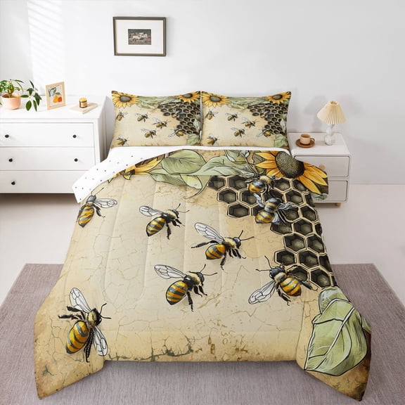 Manfei Cute Bee Full Size Comforter Sets,Honeycomb Honey Bedding Comforter Set,Rustic Flower Sunflower Bedding Sets For Girls Boys,Super Cozy Room Decor Reversible,3pcs