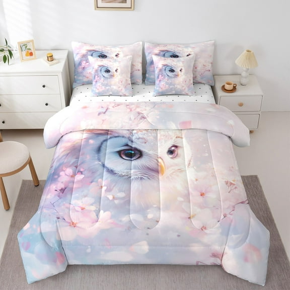 Manfei Cute Bird Owl Bedding Comforter Set 7 Pieces,Cherry Blossom Full Bedding Set,Japanese Pink Sakura Fitted Sheet Flat Sheet For Children,Breathable Home Decor