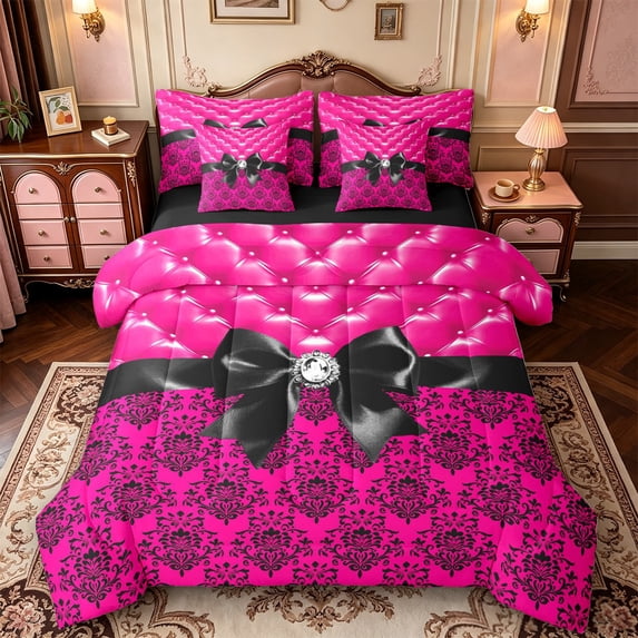 Manfei Cute Black Bow 7-Piece Twin Bedding,Rustic Western Damask Bedding Comforter Set,Black Reversible