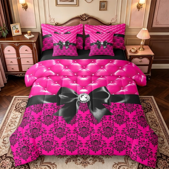 Manfei Cute Black Bow 7-Piece Twin Bedding,Rustic Western Damask Bedding Comforter Set,Black Reversible