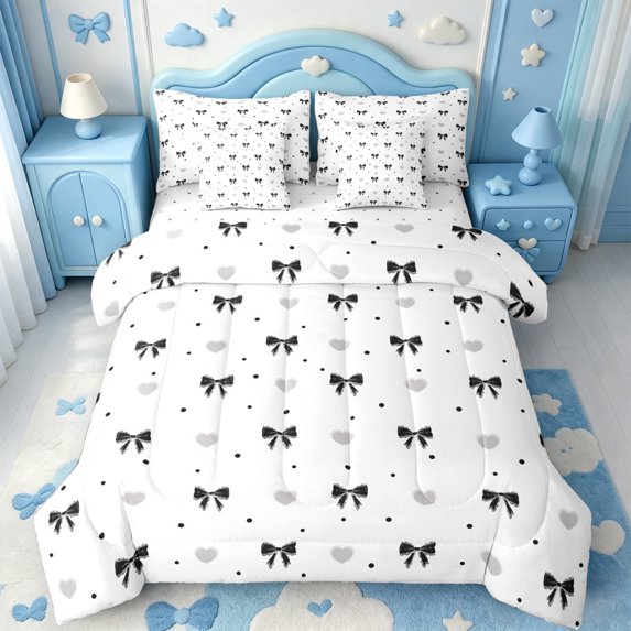 Manfei Cute Black Bow 7 Pieces Full Size Bedding Sets,Chic Bowknot Full Size Bed in a Bag,Reversible
