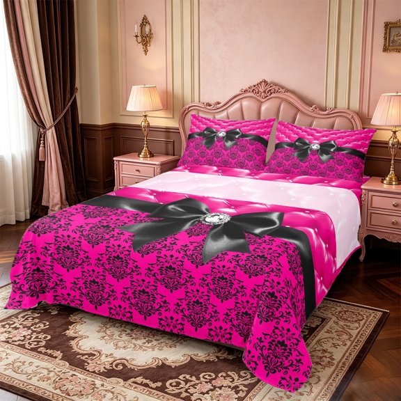 Manfei Cute Black Bow Bed Sheets,Rustic Western Damask Full Size Sheets,4-Piece,1 Flat Sheet,1 Fitted Sheet and 2 Pillowcases