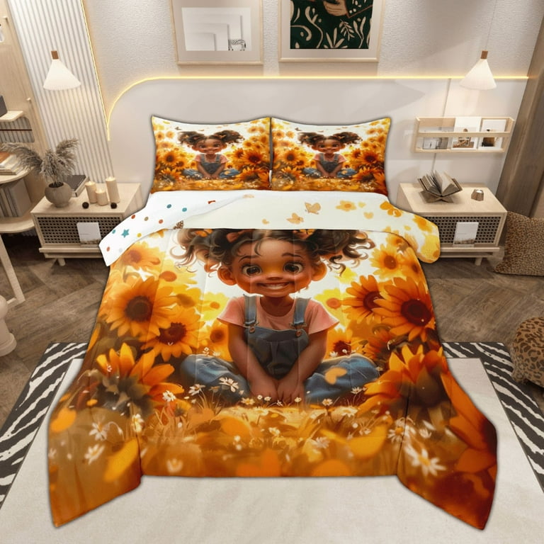 Manfei Cute Black Girl Full Size Comforter Sets, Orange Sunflower