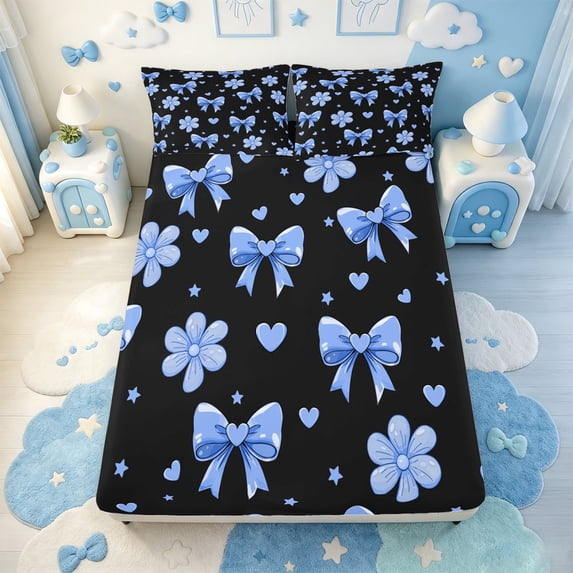 Manfei Cute Blue Bow Knot Fitted Sheet Full,Kawaii Bowknot Loves Bed Set,3 Pieces,1 Fitted Sheet and 2 Pillowcases