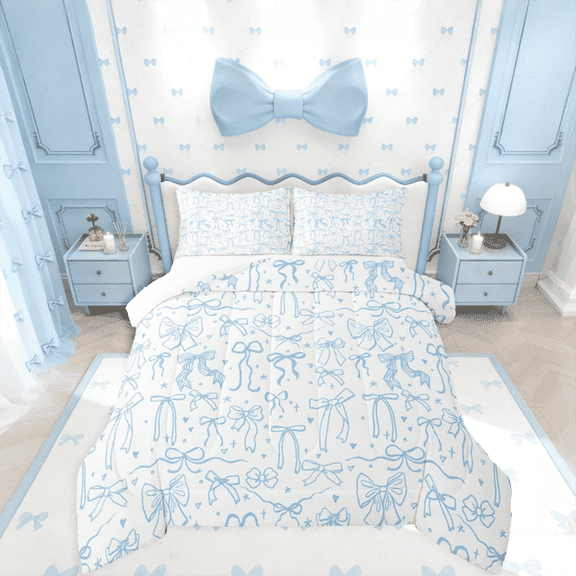 Manfei Cute Blue Bowknot 3pcs Full Comforter Set - Cartoon Stars Princess Style