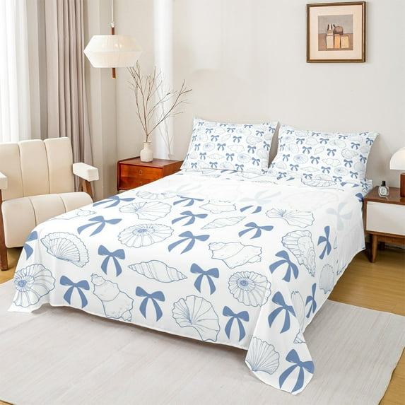 Manfei Cute Blue Bowknot Bed Sheets, Cartoon Seashell Starfish King Sheets, Teen Boy Girl Kid Sheet Set, Ultra Soft Home Decor, 4pcs
