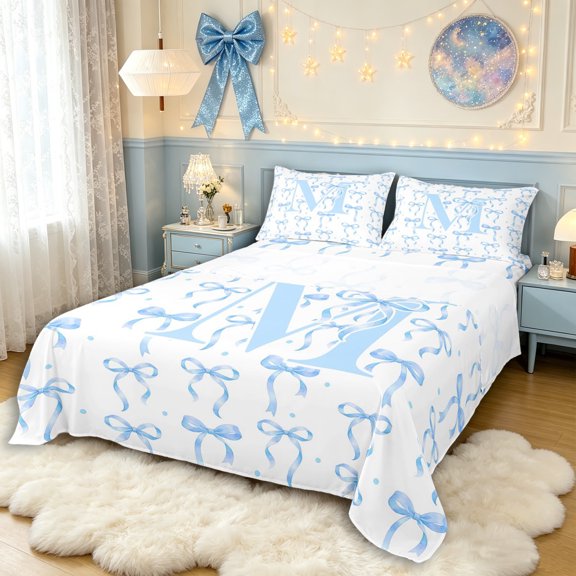Manfei Cute Blue Letter M Monogrammed Queen Sheet Sets 4 Pieces for Kids Girls,Polka Dots Ribbon Bowtie Bed Set for Teens,Lightweight Room Decor