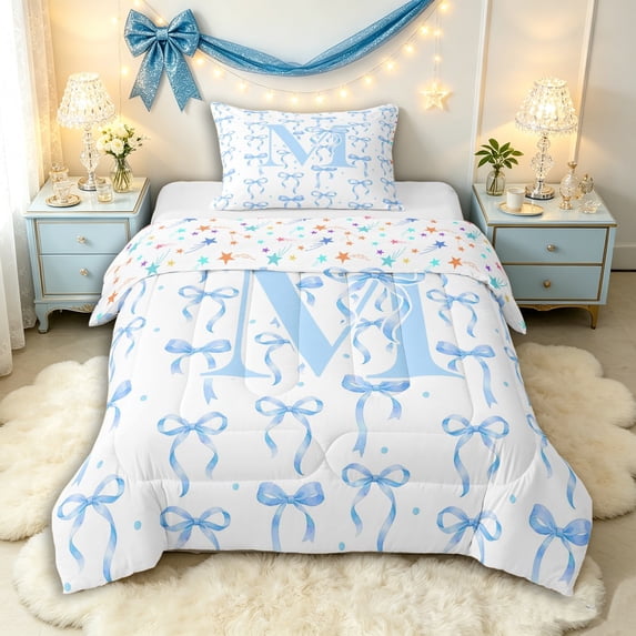 Manfei Cute Blue Letter M Monogrammed Twin Comforter Sets 3-Piece for Kids Girls,Polka Dots Ribbon Bowtie Bedding Set for Teens,Lightweight Room Decor
