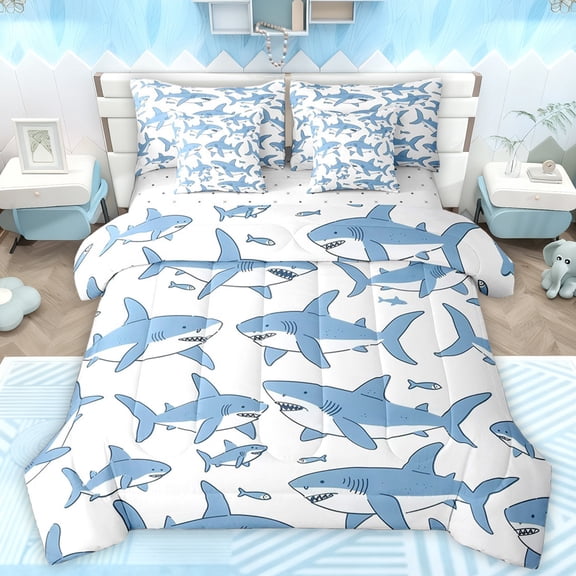 Manfei Cute Blue Shark Bedding Comforter Set 7pcs for Teens, Cartoon Ocean Fish King Bedding Sets, Kawaii Sealife Theme Reversible Bed Sheets, Breathable Home Decor