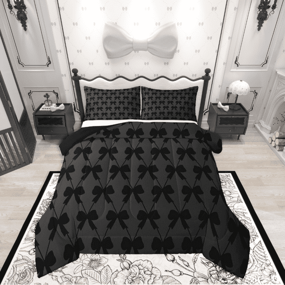 Manfei Cute Bow 3pcs Full Comforter Set - Black Bowknot Kawaii Princess Style