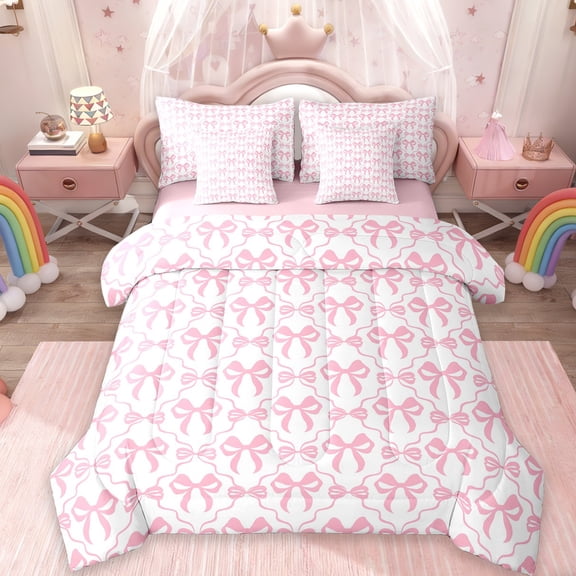 Manfei Cute Bow 7 Pieces Bedding Comforter Set,Lovely Bow Knot Full Bedding Set,Girl Pink Bowtie Fitted Sheet Flat Sheet For Princess,Breathable Home Decor Reversible