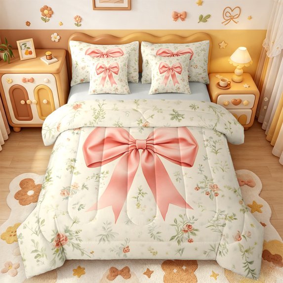 Manfei Cute Bow 7 Pieces Full Size Bedding Sets,Rustic Plant Flower Full Size Bed in a Bag,Light Gray Reversible