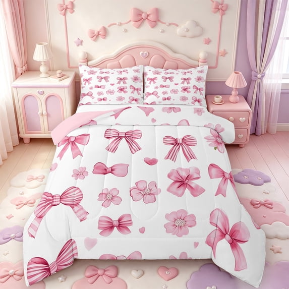 Manfei Cute Bow Cherry Blossom Full Size Comforter Sets,3D Cartoon Bowknot Print Bedding Comforter Set,Pink Reversible,3-Piece,1 Comforter and 2 Pillowcases