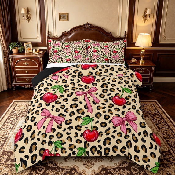 Manfei Cute Bow Cherry Full Size Comforter Sets,Brown Cheetah Print Bedding Comforter Set,Black Reversible,3pcs,1 Comforter and 2 Pillowcases