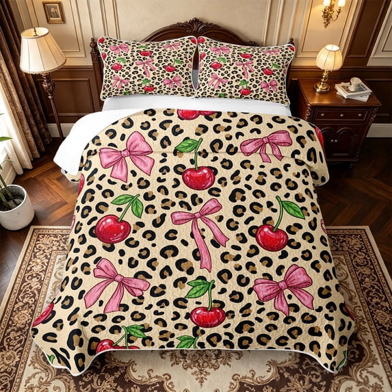 Manfei Cute Bow Cherry Quilt Full,Brown Cheetah Print Full Bedspread Sets,3pcs,1 Coverlet and 2 Pillowcases