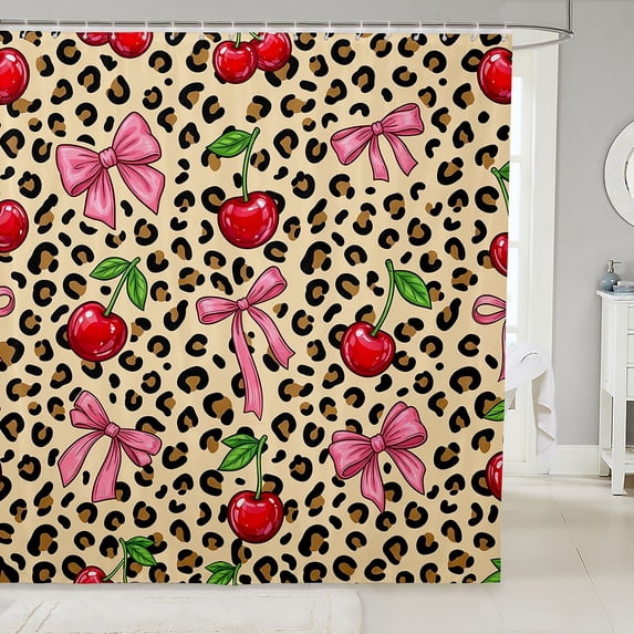 Manfei Cute Bow Cherry Shower Curtain 72Wx72L,Brown Cheetah Print Bathroom Curtain