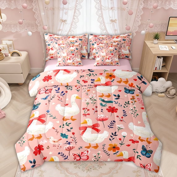 Manfei Cute Bow Duck Animal Bedding Comforter Set for Boys Girls, Rustic Floral King Bedding Sets, Pink Reversible, 7-Piece
