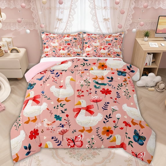 Manfei Cute Bow Duck Animal Queen Comforter Set for Boys Girls, Rustic Floral Bedding Comforter Set, Pink Reversible, 3-Piece