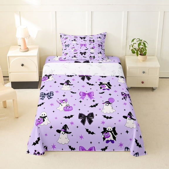 Manfei Cute Bow Ghosts Twin Sheets,Halloween Themed Bedding,Purple,3-Piece,1 Fitted Sheet and 1 Pillowcase
