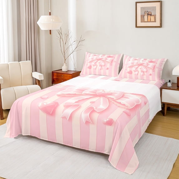 Manfei Cute Bow Girl 4pcs Bed Sheets,Pink Geometric Stripes King Sheets,Kawaii Ribbon Bow Knot Super Cozy Sheet Set,Luxury Bedroom Decor